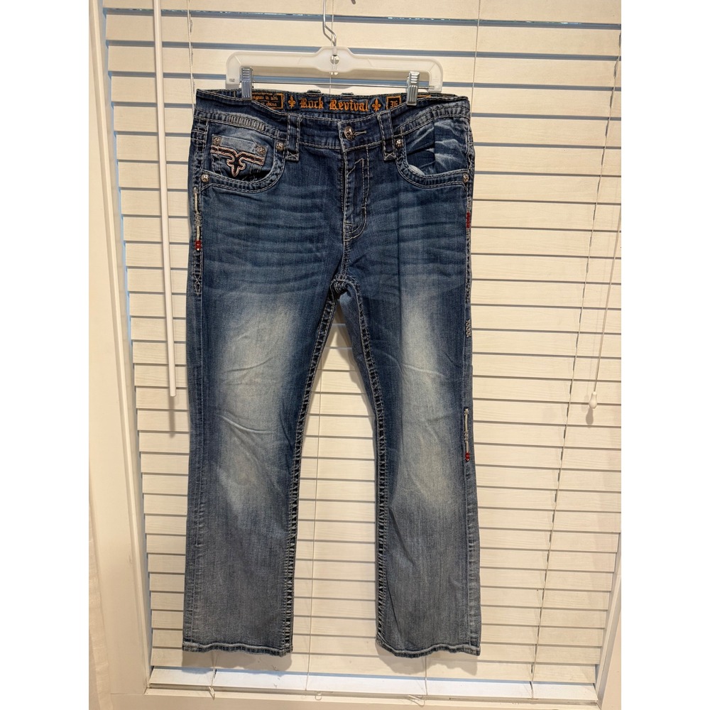 Rock Revival Destin Straight Leg Jeans Mens 36 Medium Wash Embroidered E8910J7L